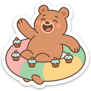 laughing bear floating in a party ring with mini cupcakes, soft pastel colors, smooth lines, cute style sticker