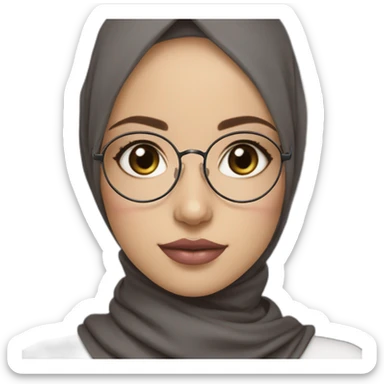 Hijab black color white fair skin girl brown eyes wearing round circular metal glasses, no make up, big cheeks, almond eyes, pink lips, triangle nose sticker