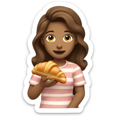 A girl with wavy brown hair, brown eyes, tan, eating a croissant with egg, bacon, and ham sticker