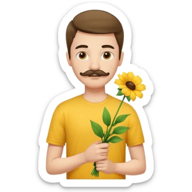 generate an ios genmoji of a 20 year old fair boy with 3 mustache hair. should look like he cant grow a mustache., carrying a flower bouquet, wearing a yellow tshirt, looking shy sticker