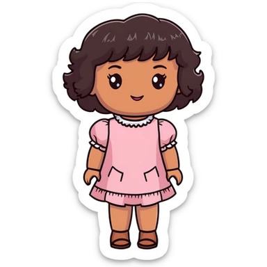 personagem de pele parda, cabelos cacheados pretos de comprimento médio com franja, olhos castanhos, maquiagem de boneca, vestido rosa claro sticker