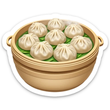 Hangzhou Xiaolongbao steamed soup dumplings with steam rising, simplified emoji style with bold outlines and bright colors, cartoon style Zhejiang specialty sticker