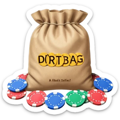 Create a bag of dirt that says dirtbag with poker chips around it sticker