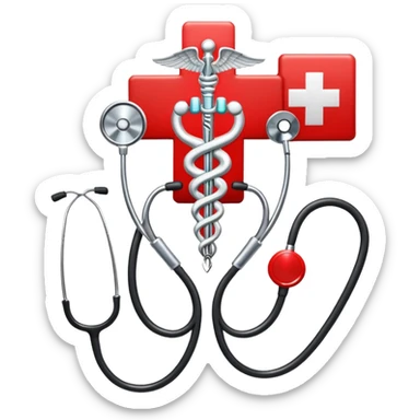 An icon featuring a caduceus (a bowl with a snake), a red cross, and a stethoscope, symbolizing medicine. The design includes medical tools and symbols, representing healthcare, diagnosis, and healing practices. Transparent background highlights the profession and study of medicine. sticker