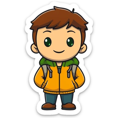 Rudeus Greyrat smiling warmly, green eyes, short brown hair, wearing travel clothes, friendly and kind expression sticker