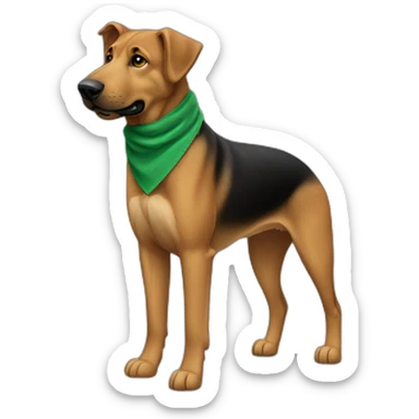 75% Coonhound 25% German Shepherd mix dog wearing small plain green bandana side view full body in profile left facing sticker