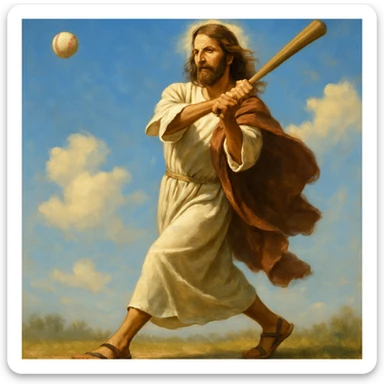 Jesus in sandals and robe mid-swing with a baseball flying, peaceful and athletic, sunny sky background sticker