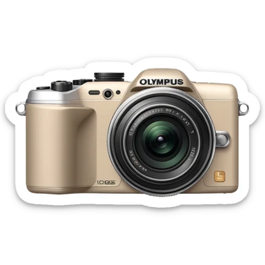 Ultra simplified Olympus Superzoom 70G camera, grayish-beige color, abstract representation with bare minimum of recognizable features sticker