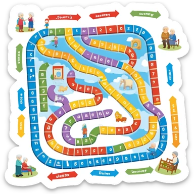 Game Board (like Chutes and Ladders) called Journey of Type 1 diabetes and Aging.  Subtext: Aging with Type 1 Diabetes, large enough to read for seniors  sticker