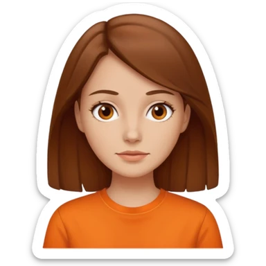 brown haired woman no smile with orange shirt sticker