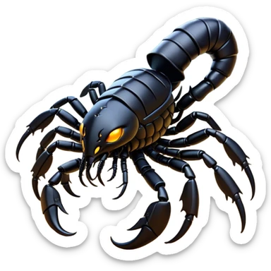 Cinematic Noble Emperor Scorpion Portrait Emoji, Poised and formidable, with a robust, armored build and a glossy, jet-black exoskeleton accented by striking, segmented pincers, deep-set piercing eyes, Simplified yet sharp and sophisticated features, highly detailed, glowing with a cool, dignified glow, high shine, intelligent and imposing, stylized with an air of ancient desert majesty, focused and attentive, soft glowing outline, capturing the essence of a watchful and commanding scorpion that feels as though it could silently creep out of the screen with effortless authority! sticker