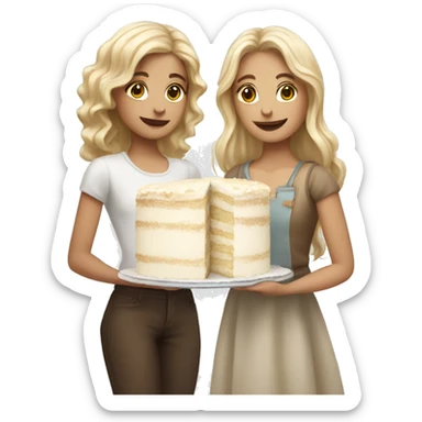 Blond wavy girl and brown straight hair girl together holding big white cake sticker