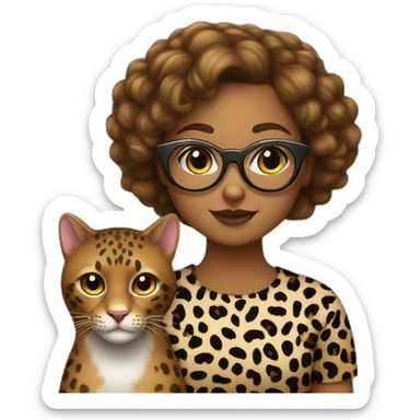 caramel-haired girl wearing glasses and a leopard shirt next to a black cat sticker