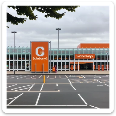 Isometric view of a Sainsbury's supermarket building with orange signage, large glass entrance, shopping trolleys, and car park with parent-child parking spaces sticker