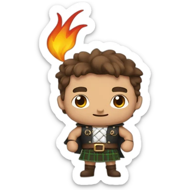 monty wearing a kilt flexing bicep brown hair surrounded by fire sticker