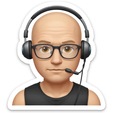 gamer with glasses, bald and muscular, with headset sticker