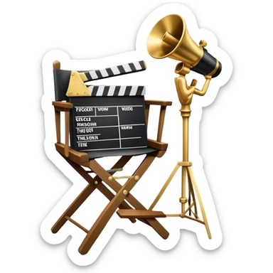 Icon for Directing: professional collage with director's chair, a film slate, a megaphone and an Oscar statuette. The icon should represent the creative and leadership aspects of directing, with focus on film and theater production. Transparent background. sticker