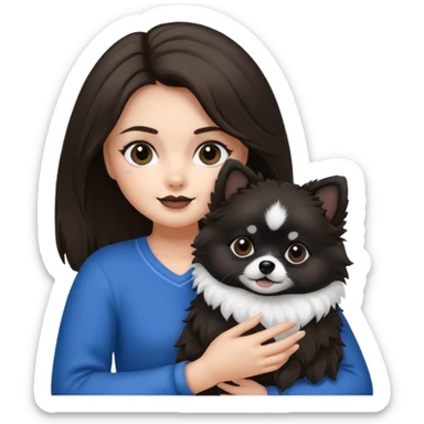 A brunette hair girl holding a black and white 1 Pomeranian dog who has black face but in the middle it’s white line sticker