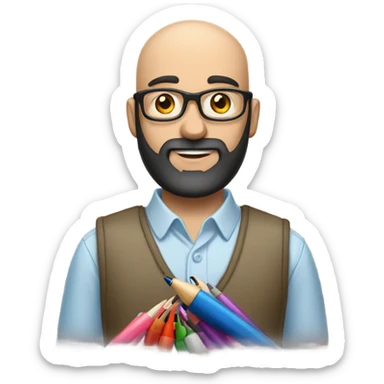 Balding man with black beard, cross on shirt, holding lots of pens  sticker