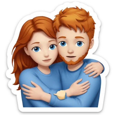Ginger boy hugging brunette girl. Both have blue eyes.  sticker