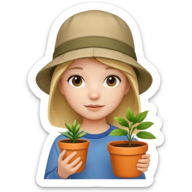 young girl wearing bucket hat, holding a plant pot sticker
