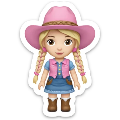 A soft plush cowgirl doll with a pink hat and blonde braids sticker