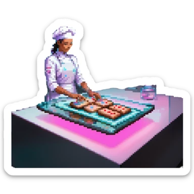 A sleek cyborg baker using holographic ingredients and laser precision. The kitchen is a fusion of chrome, glass, and neon. Interface elements float like holograms, with glowing edges, translucent layers, and tactile feedback illusions. sticker