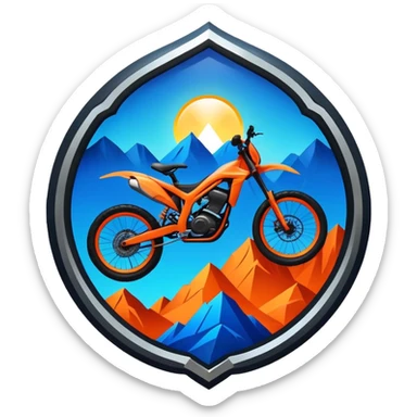 A bold, dynamic emblem combining elements of extreme sports like a mountain, a bike, and a parachute, all within a circular or shield-like shape. The design conveys speed, adventure, and adrenaline, with sharp lines and vibrant colors representing the thrill and intensity of extreme sports. sticker