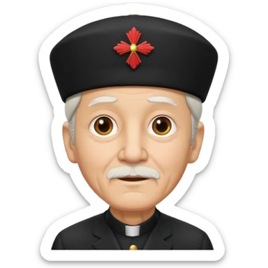 black suited old with fes hat sticker