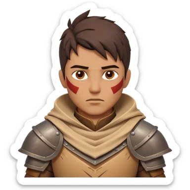 desert warrior portrait, head and shoulders only, sandy cloak collar, leather armor, intense eyes, desert fighter vibe, 3D cartoon, mobile game icon style, clean background, no text, no watermark
 sticker