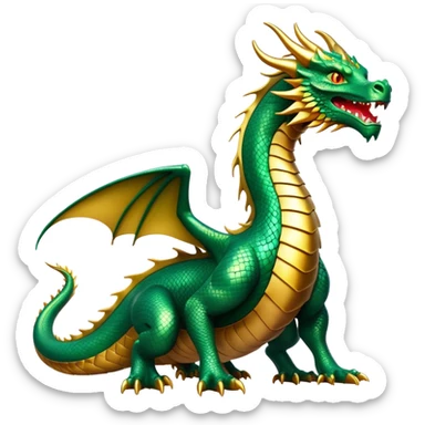 cinematic-noble-dragon-full body-emoji,-poised-and-majestic,-with-a-sinuous,-elongated-build-and-shimmering,-scale-covered-skin-in-hues-of-emerald-and-gold,-piercing,-fiery-eyes,-simplified-yet-sharp-and-sophisticated-features,-highly-detailed, zoomed out showing the serpentine body sticker