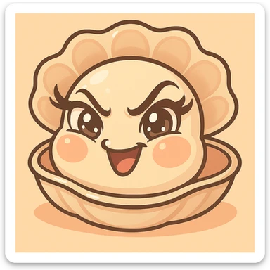 Enhance the contrasts of the image further while maintaining the very mischievous expression, very expressive and luminous eyes, elegant eyelashes, and the pastel toon style. Accentuate the pastel, pearly, cream, peach, and greige nuances strongly. Keep the big shell, the small oyster, and the background as is. sticker