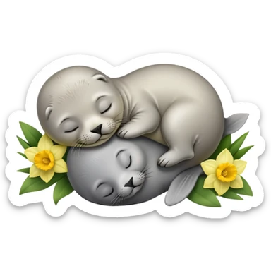 Sleeping baby seal and daffodils  sticker