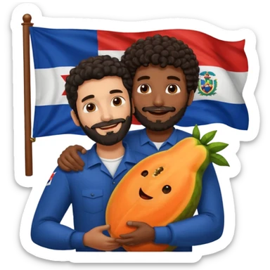 A very happy papaya hugging a medium dark skinned man with dark curly hair with a beard and Dominican flag behind them sticker