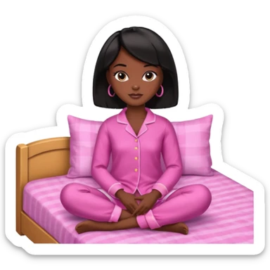 Dark skin Black barbie, short  black bob  hair, pink pajamas in bed  sticker