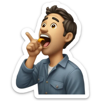 A guy with his tounge at the roof of his mouth with his mouth open, and his hand pointing at his jaw sticker
