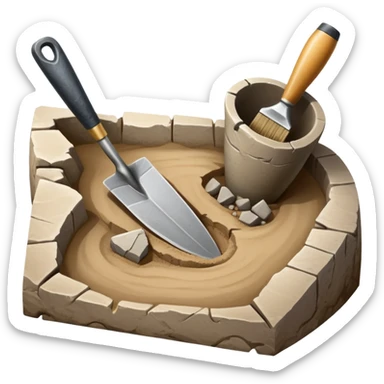 An icon showing an archaeologist’s tools: a trowel, brush, and a partially uncovered ancient artifact like a vase or tablet. The design includes a sandy excavation site with ruins in the background, symbolizing the discovery of past civilizations. Transparent background  sticker