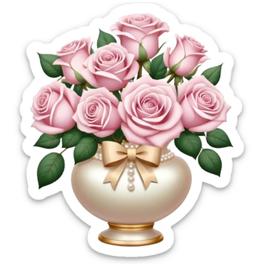 Realistic aesthetic powder pink and white  rose bouquet  in a pearl vintage vase and a beige bow with gold decoration  sticker