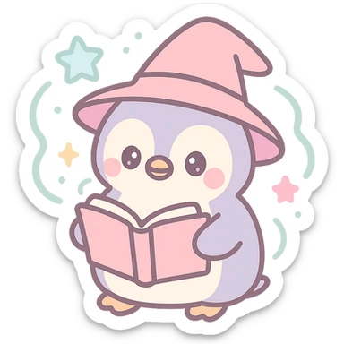 adorable penguin wizard reading a spellbook with magical aura, fantasy style sticker