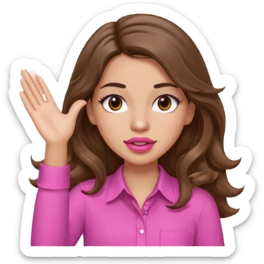 girl with long wavy brown hair, brown eyes, light to medium complexion, in a pink shirt, pink lips, long lashes, puckered lips, both hands in teh air sticker