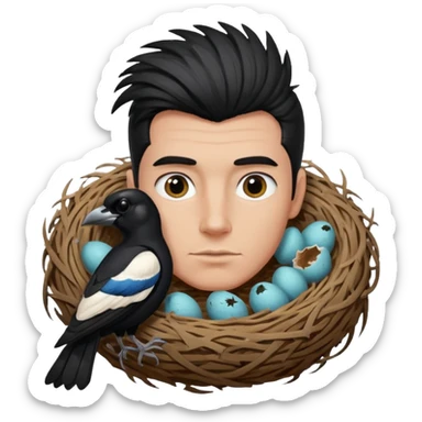 A man who has hair on the top of his head, that is actually an Australian Magpie, birds nest. sticker
