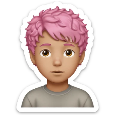 boy with short, curly pink hair, light brown skin, and a neutral facial expression. sticker