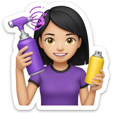 a girl with black hair, yellow teeth, black t-shirt, holding just a purple and silver spray can, no other items, genmoji emoji style, reference the attached can sticker