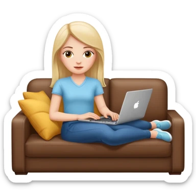 A white girl is lying on a sofa with a laptop sticker
