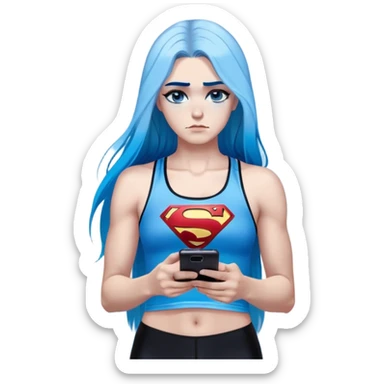 Shameful disappointed crying-very very very very big chest-texting on a samsung cell phone-very long straight flowing black to sky blue hair ombre-blue eyes-black eyeliner-long eyelashes-plastic sparkling sky blue very low cut tank top with sparkling superman logo-black leggings-nike sneakers sticker