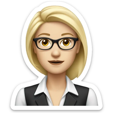 pretty caucasian woman with blonde hair and blue eyes with black glasses in a business suit sticker