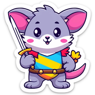 A cute pastel colored possum warrior holding a gleaming sword, with rainbow fur, sparkly eyes, and colorful stars around sticker