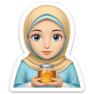Turkish beautiful finish Konya girl blue eyes with honey pastel hijab islamic dress and had on her hand honey sticker