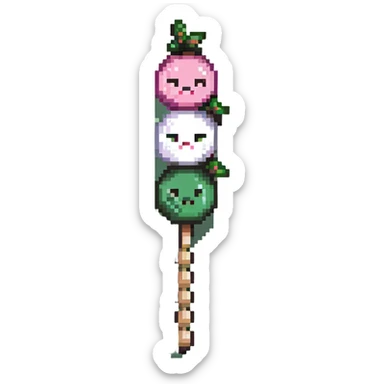Pixel art Japanese dango skewer with three colorful rice balls in pink, white, and green colors sticker