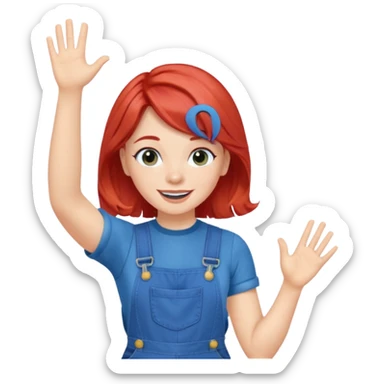 redheaded girl with blue hair, 1960s hairstyle, blue overalls, no text, waving sticker